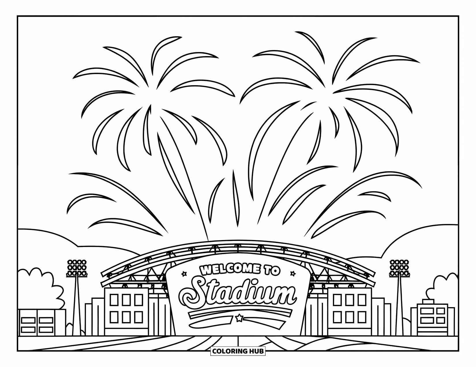 Firework Coloring Page for Kids: Fireworks with spark trails over stadium and "Welcome" sign