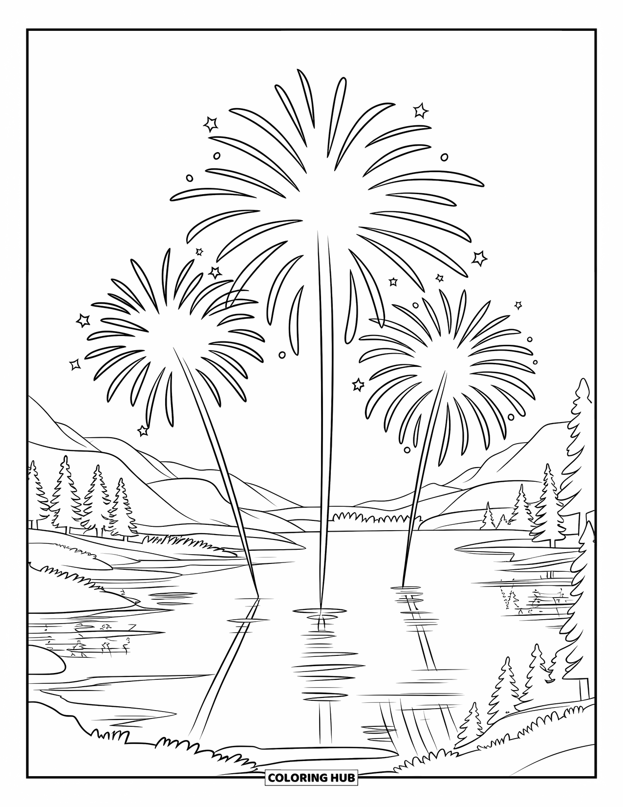 Firework Coloring Page for Kids: Lake with trails from three big fireworks and mountain backdrop