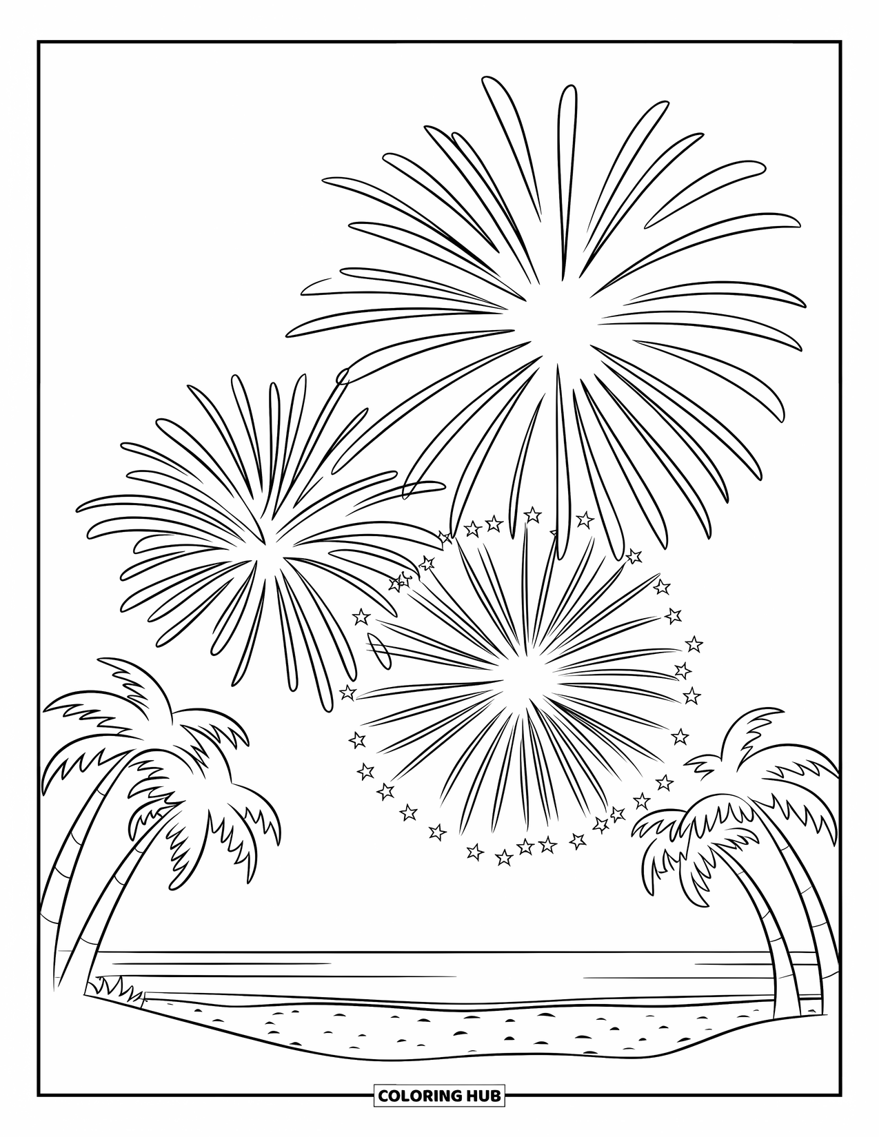 Firework Coloring Page for Kids: Palm silhouettes on a dark beach under fireworks