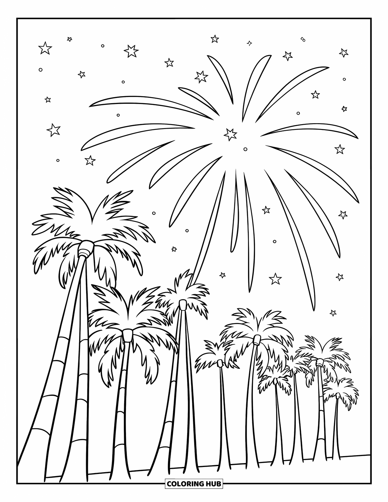 Firework Coloring Page for Kids: Palm trees with leaves missing under a sky of bursting fireworks