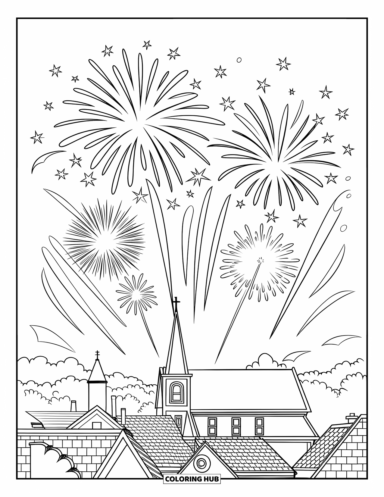 Firework Coloring Page for Kids: Small town skyline with church under a sky of fireworks