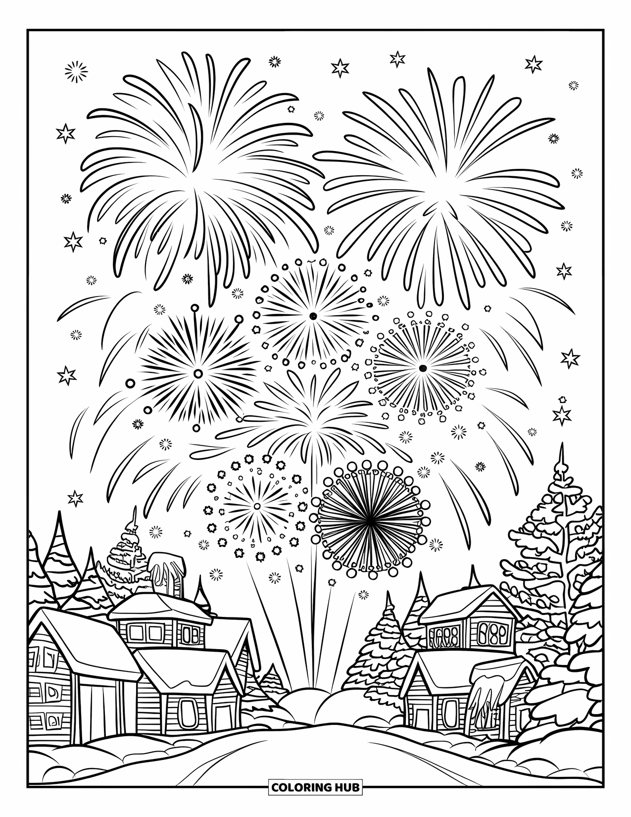 Firework Coloring Page for Kids: Snow-covered buildings and trees under layered fireworks
