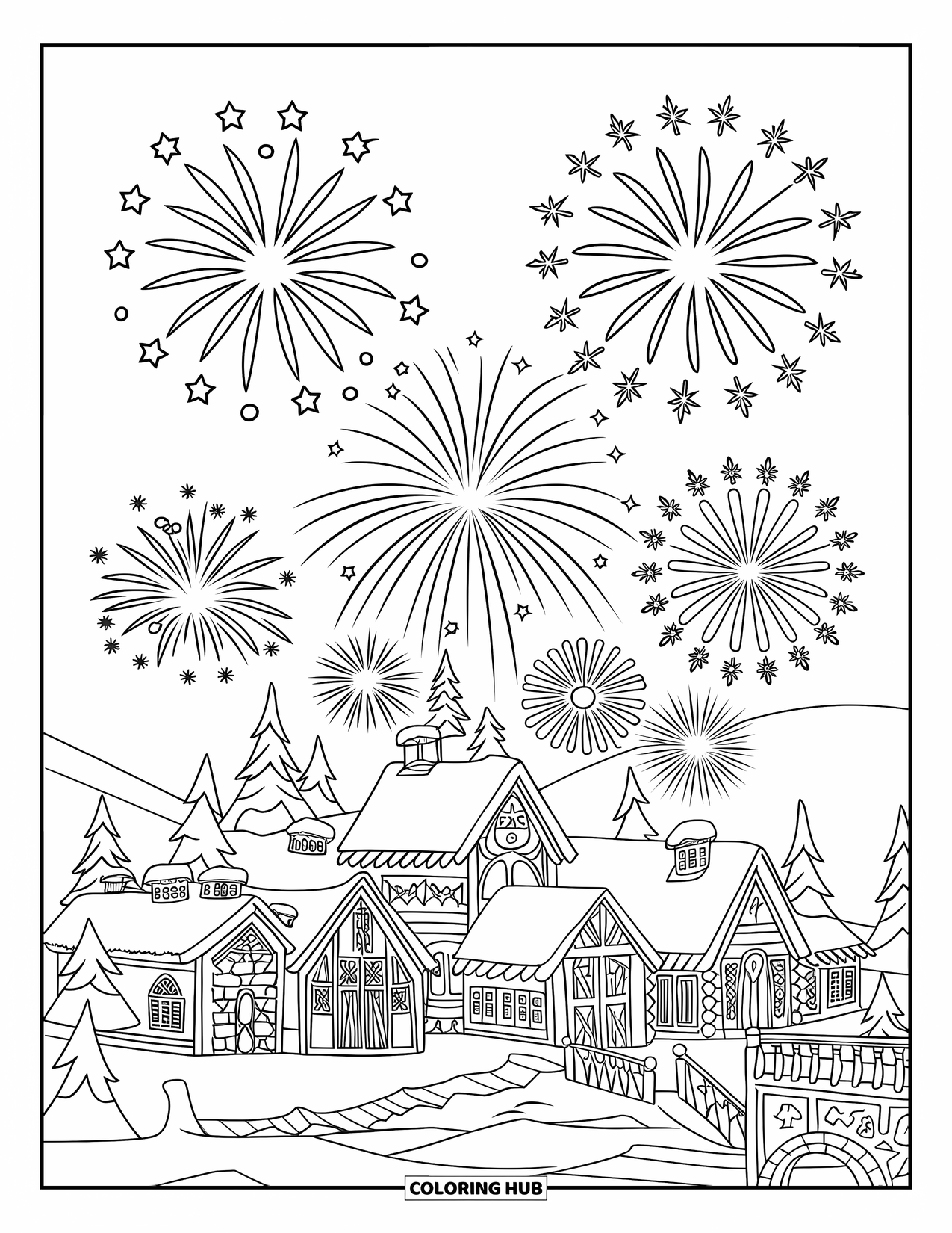 Firework Coloring Page for Kids: Snowy rooftops lit by fireworks above a winter village