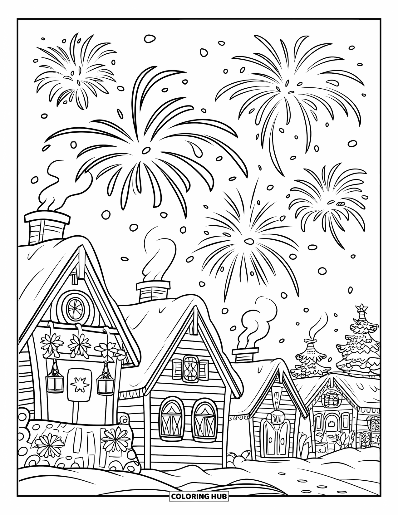 Firework Coloring Page for Kids: Snowy village with lanterns and fireworks in the sky