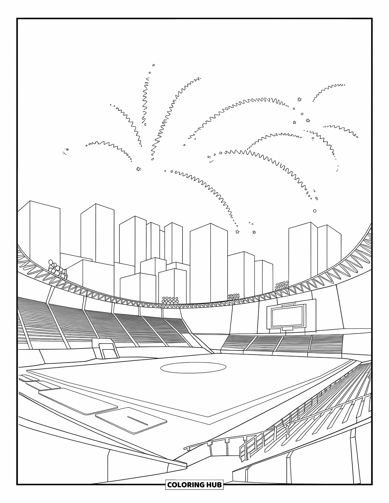Firework Coloring Page for Kids: Sports arena with scoreboard and fireworks above tall buildings