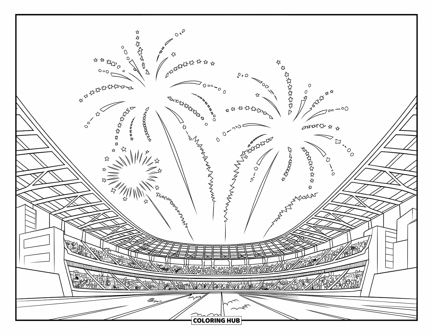 Firework Coloring Page for Kids: Stadium full of people under spark trail fireworks