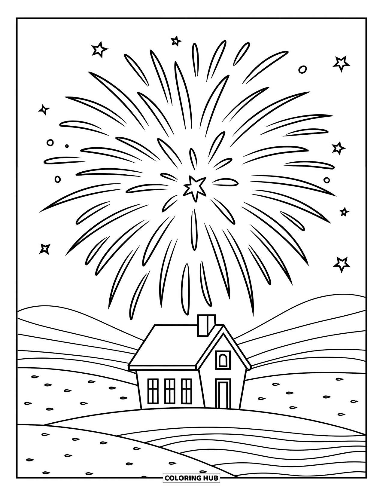 Firework Coloring Page for Kids: Star firework over a small house with rolling hills and water