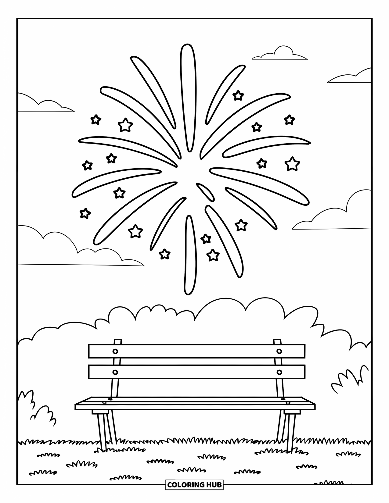 Firework Coloring Page for Kids: Star firework with smaller stars above a park bench