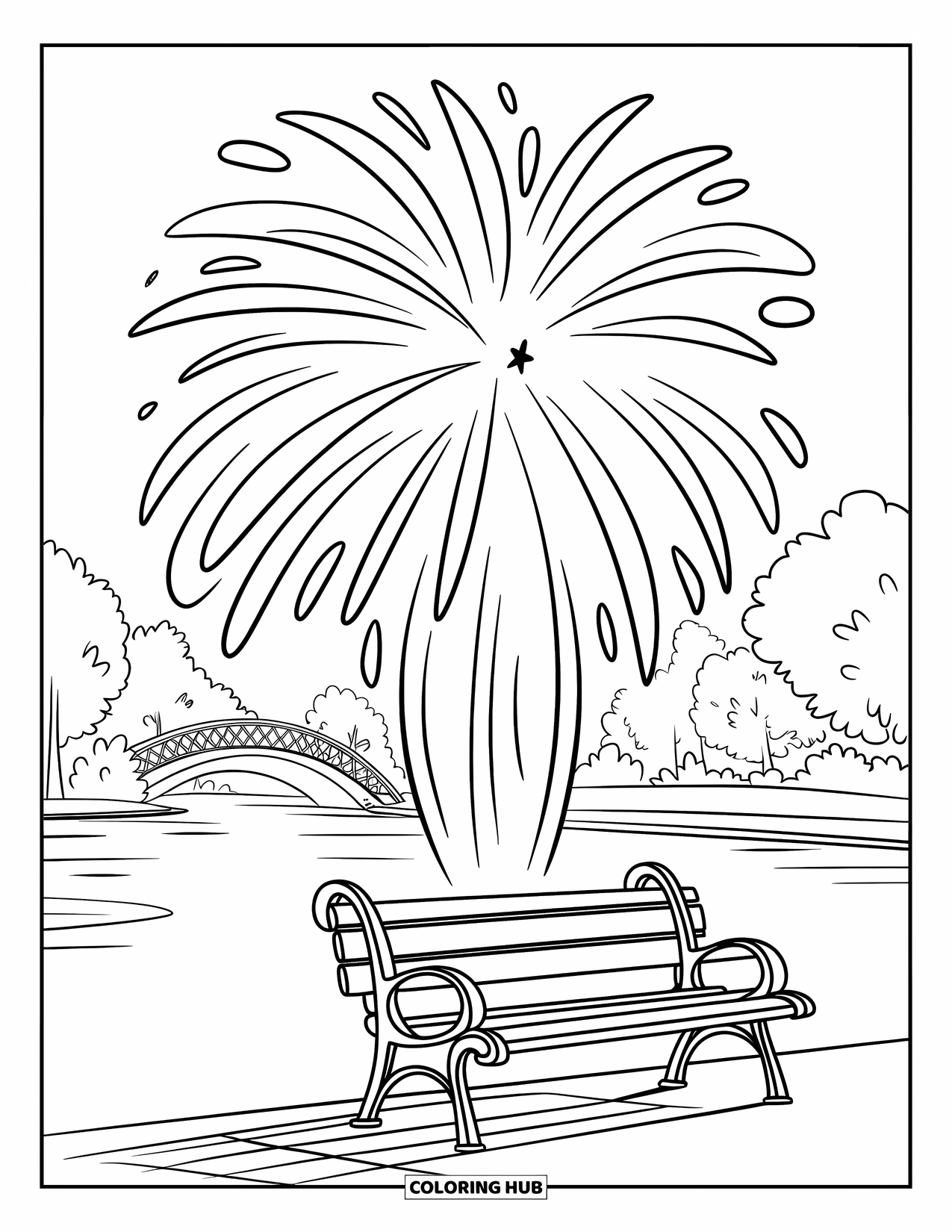 Firework Coloring Page for Kids: Star-shaped curved firework above bench near water and bridge