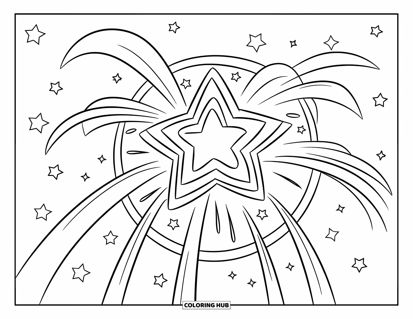 Firework Coloring Page for Kids: Star-shaped firework burst with smaller stars in the sky
