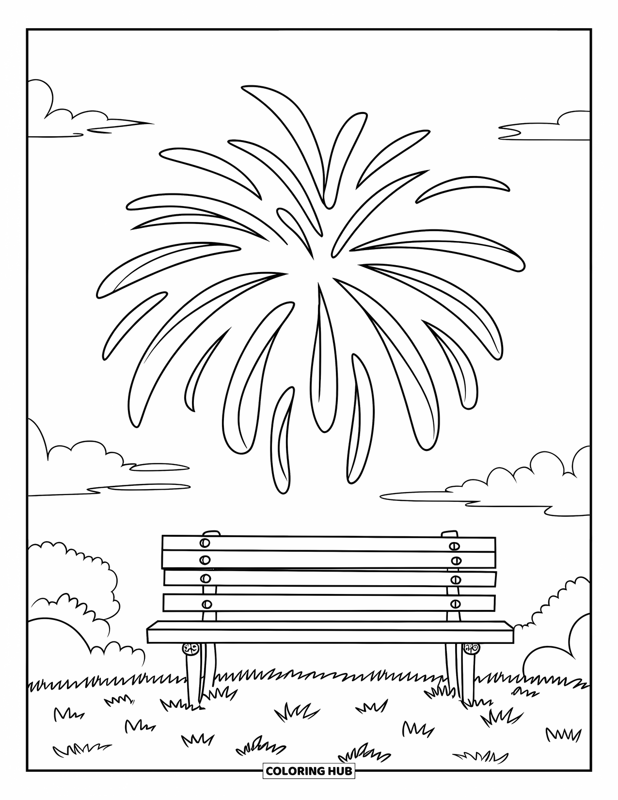 Firework Coloring Page for Kids: Starburst firework above a park bench on grassy field