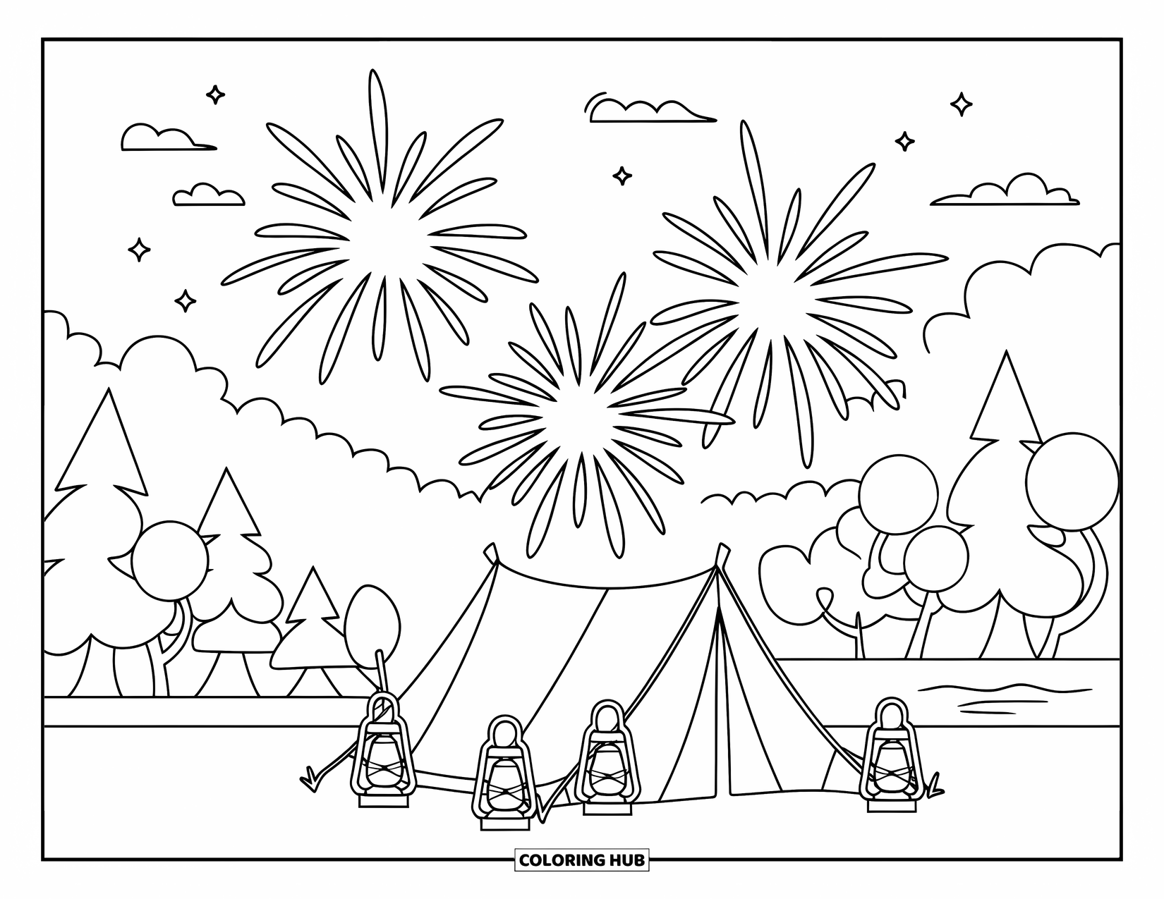 Firework Coloring Page for Kids: Tent with lanterns under fireworks beside a lake and trees