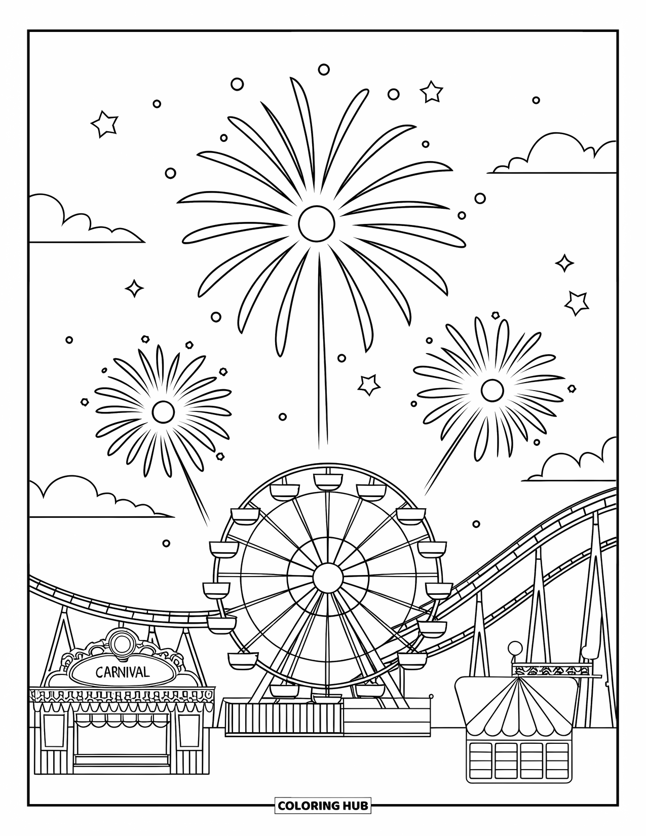 Firework Coloring Page for Kids: Three fireworks above carnival with Ferris wheel and stalls