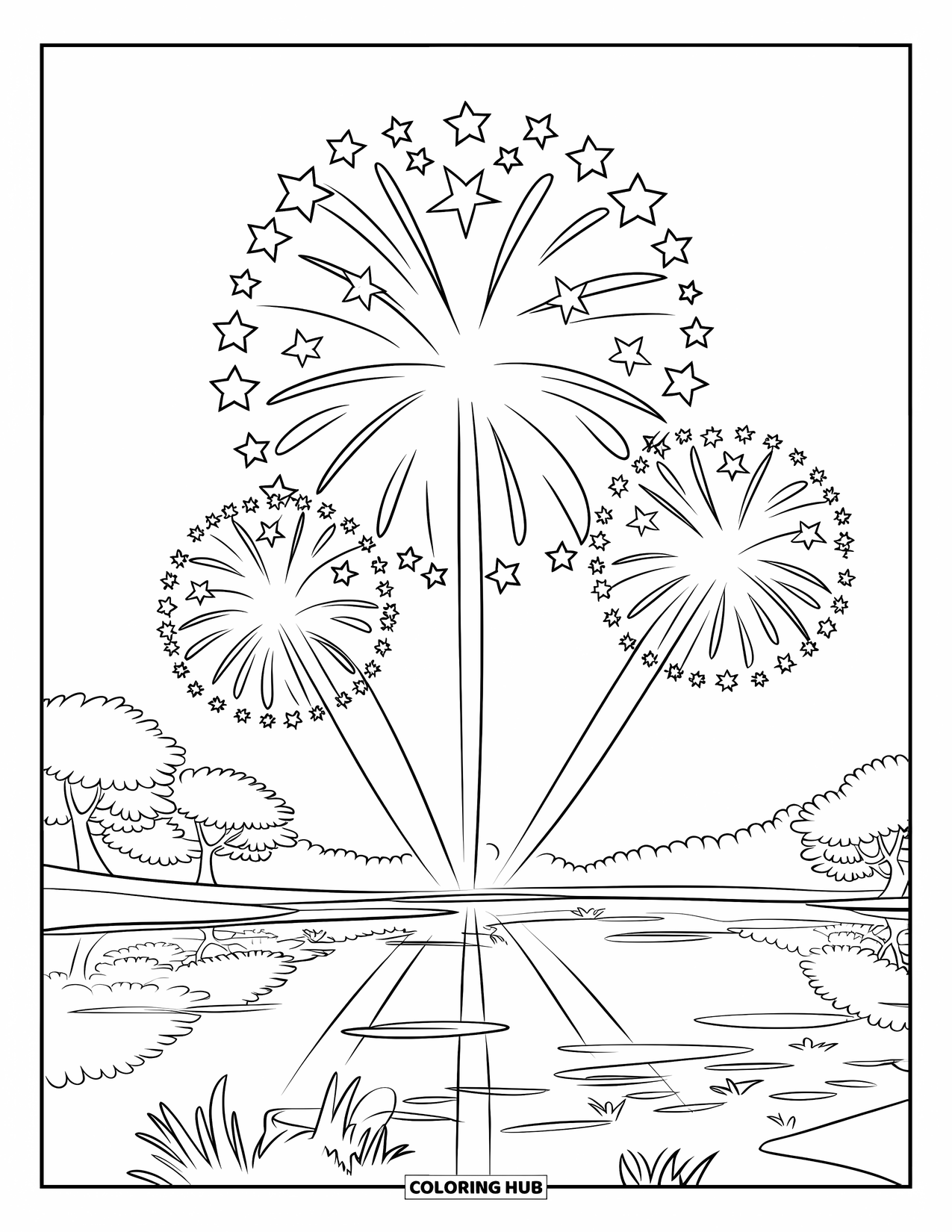 Firework Coloring Page for Kids: Three round fireworks above a quiet lake with reflections