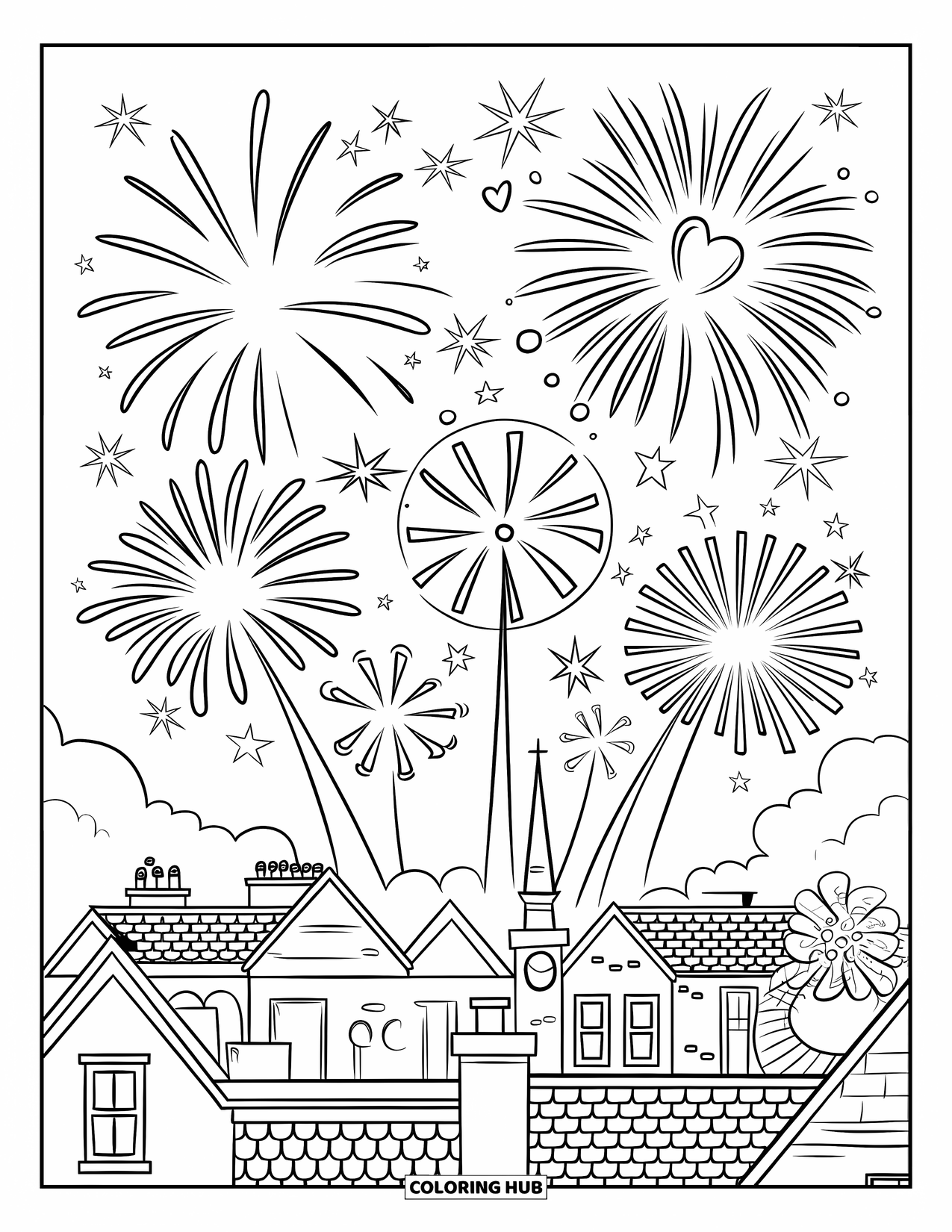 Firework Coloring Page for Kids: Varied rooftops and chimneys under spirals and star fireworks