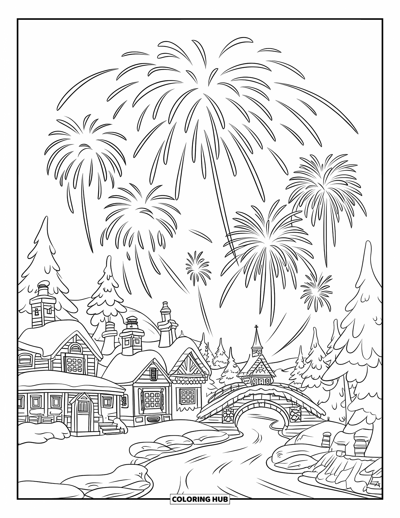 Firework Coloring Page for Kids: Winter village with fireworks over snow-covered houses and bridge
