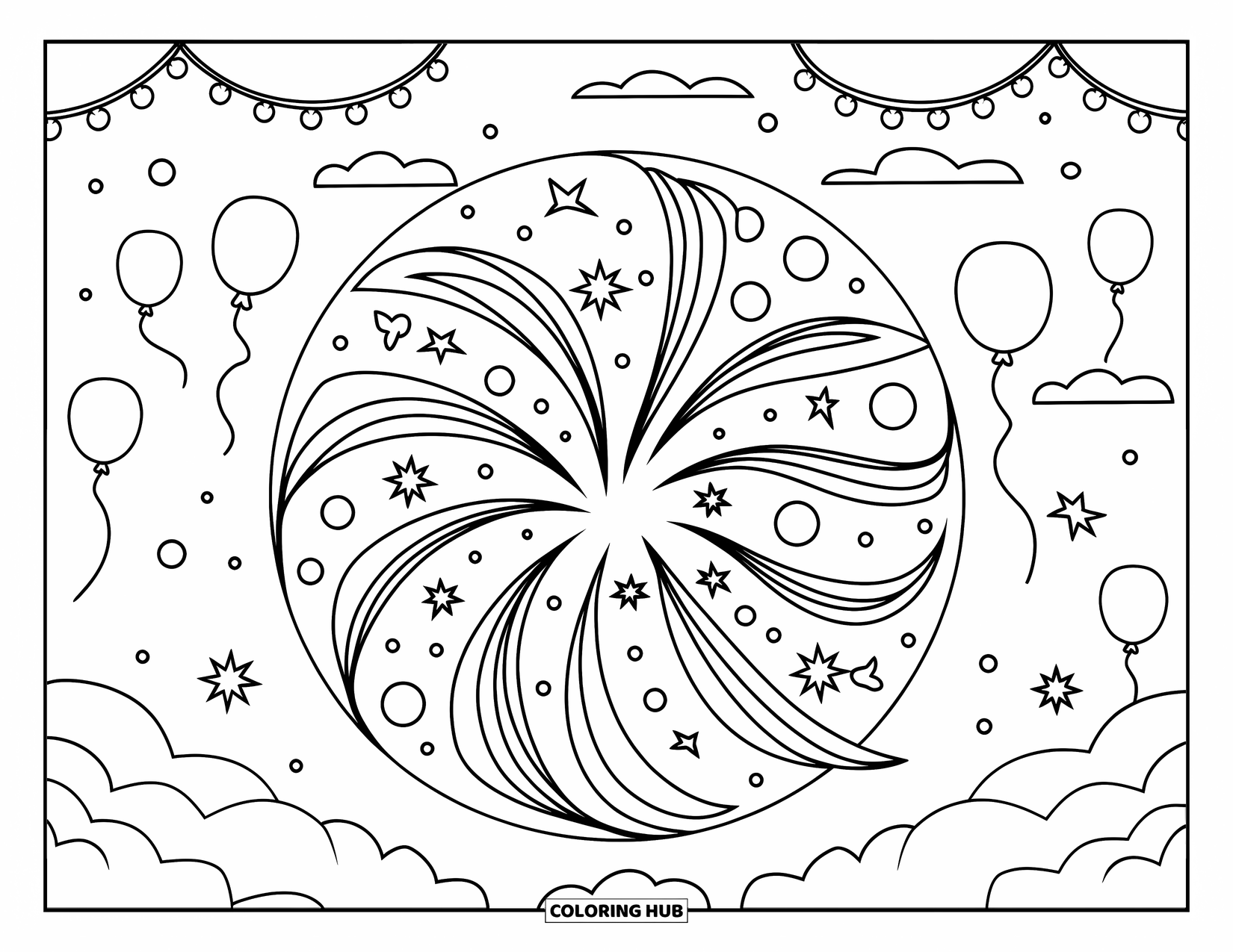 Fireworks Coloring Page for Adults: A circular mandala of fireworks and confetti surrounded by balloons, clouds, and garlands