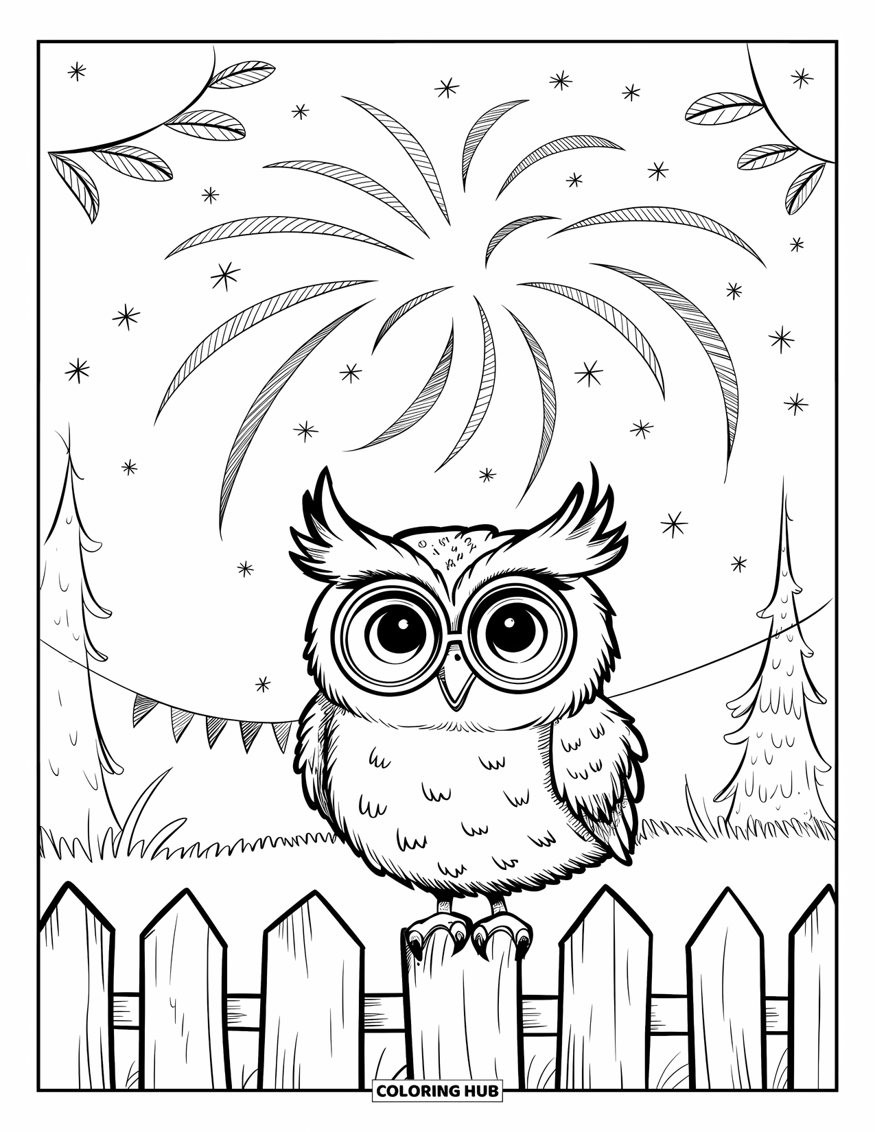 Fireworks Coloring Page for Adults: A happy owl with glasses watches spiral fireworks among stars, leaves, and a tiny banner