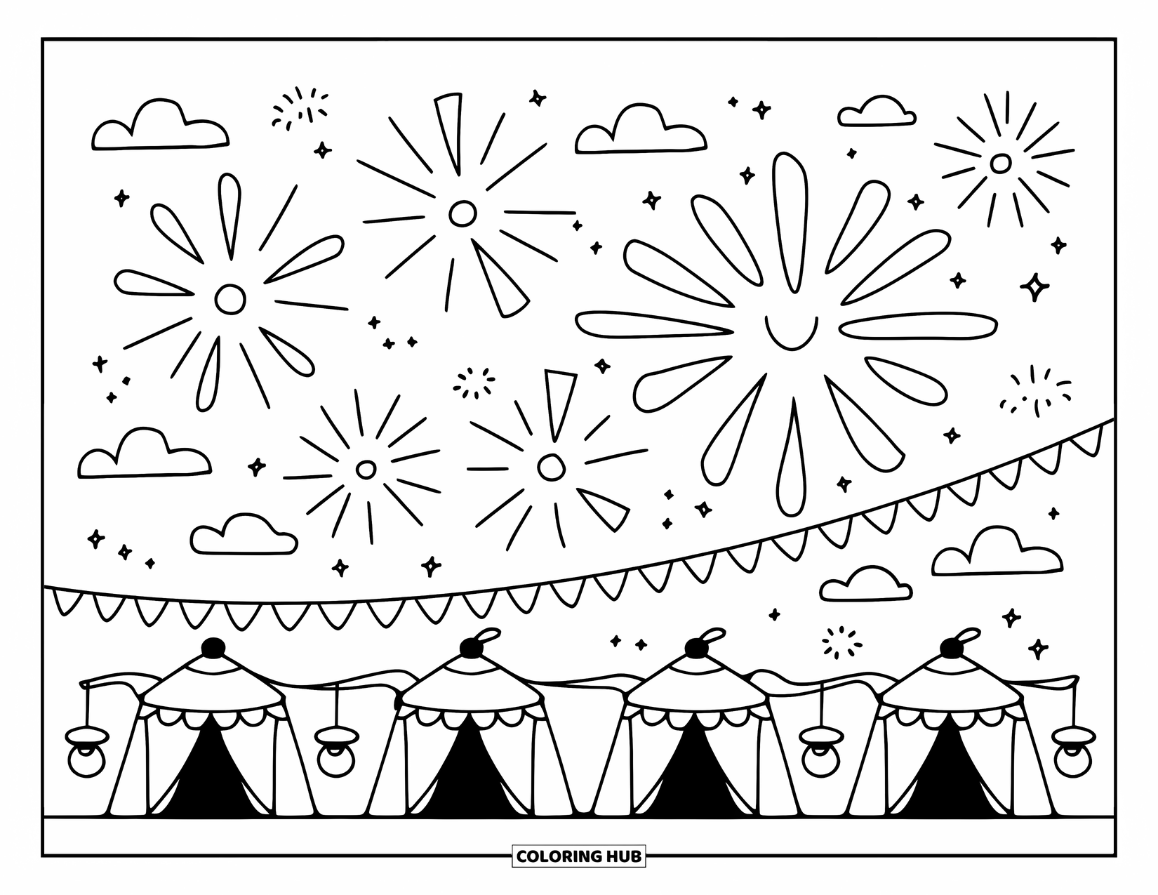 Fireworks Coloring Page for Adults: Festival scene with teapot tents, bunting lines, and playful bursts in the sky