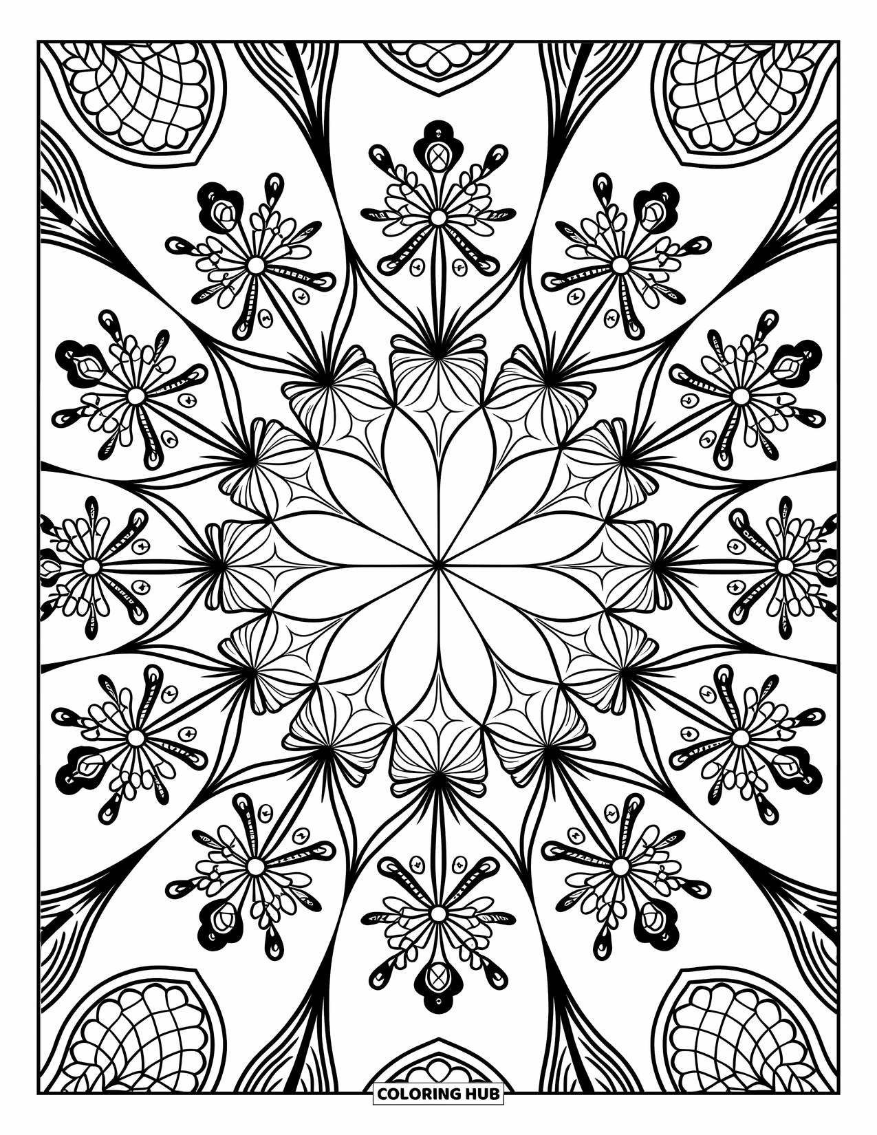 Fireworks Coloring Page for Adults: Fireworks radiate in a kaleidoscope pattern from the center with intricate details