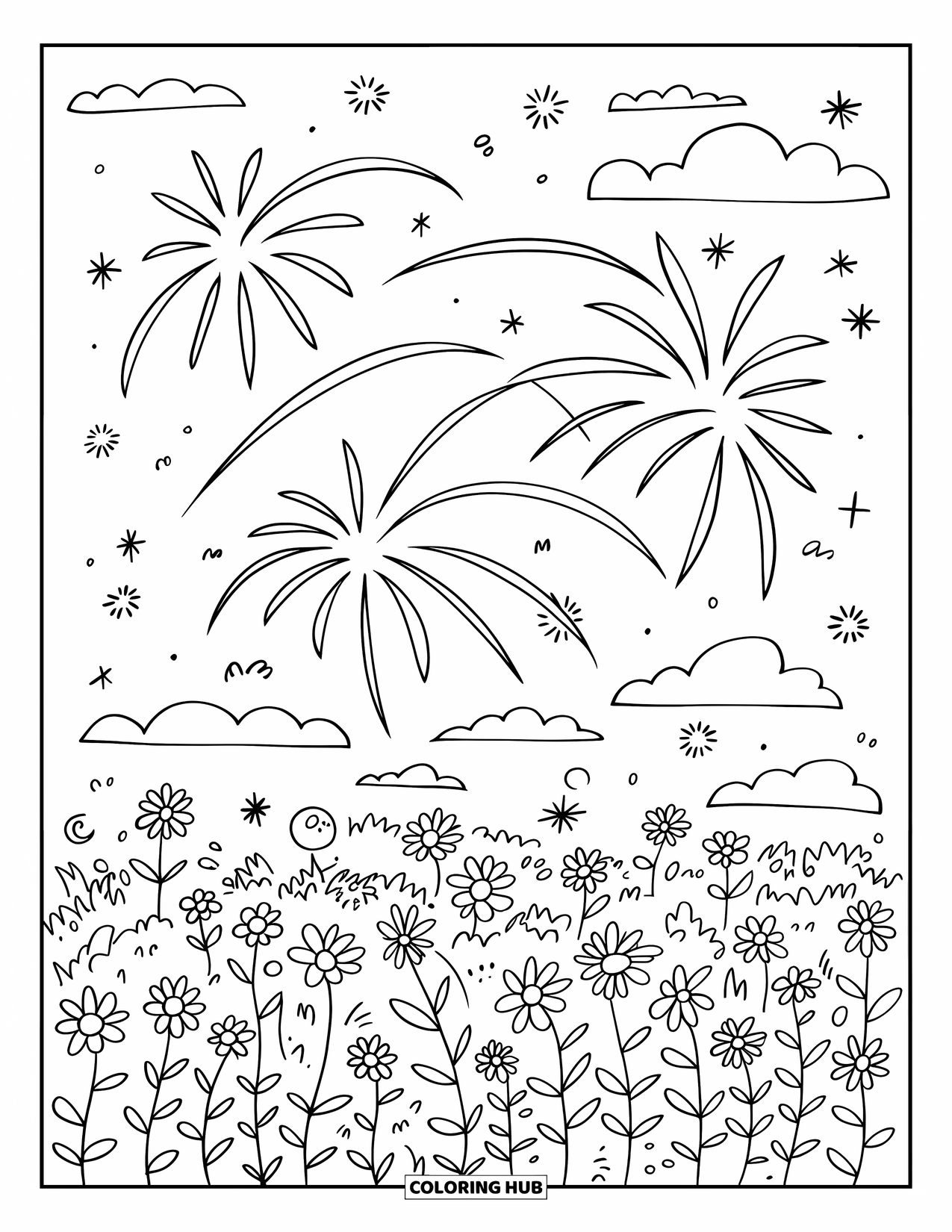 Fireworks Coloring Page for Adults: Floating stars and fireworks glow above a quiet field filled with clouds and wildflowers
