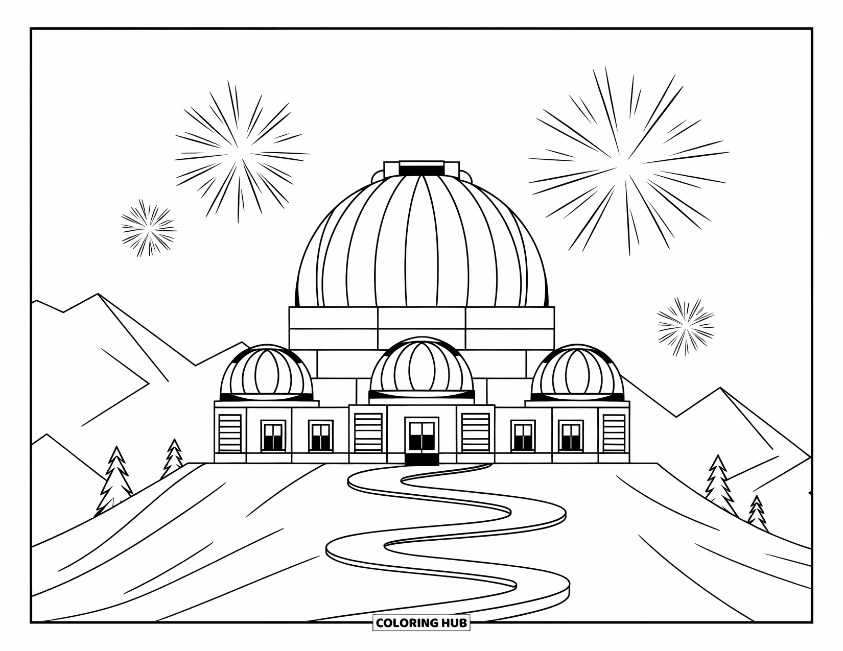 Fireworks Coloring Page for Adults: Hilltop observatory with domes and telescopes under a sky filled with starburst fireworks