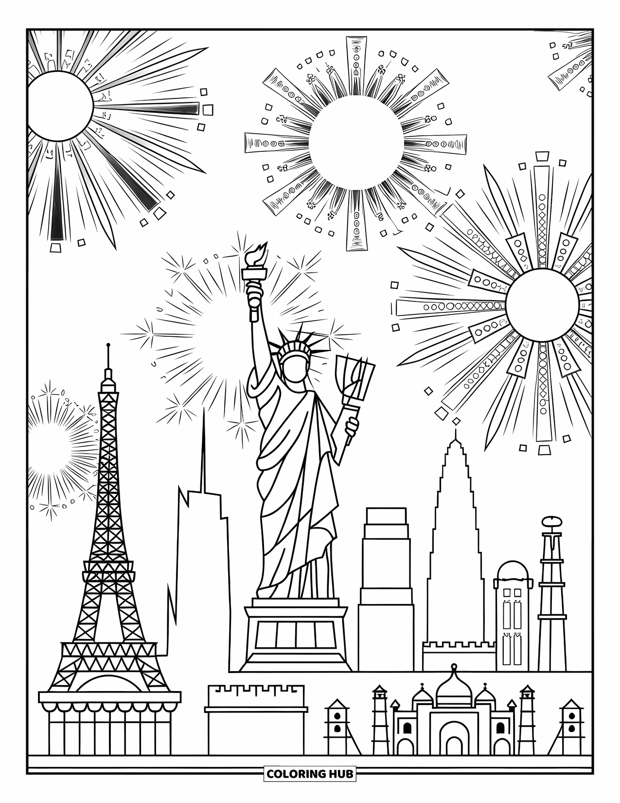 Fireworks Coloring Page for Adults: Landmarks like the Taj Mahal and Great Wall glow beneath a sky of patterned fireworks