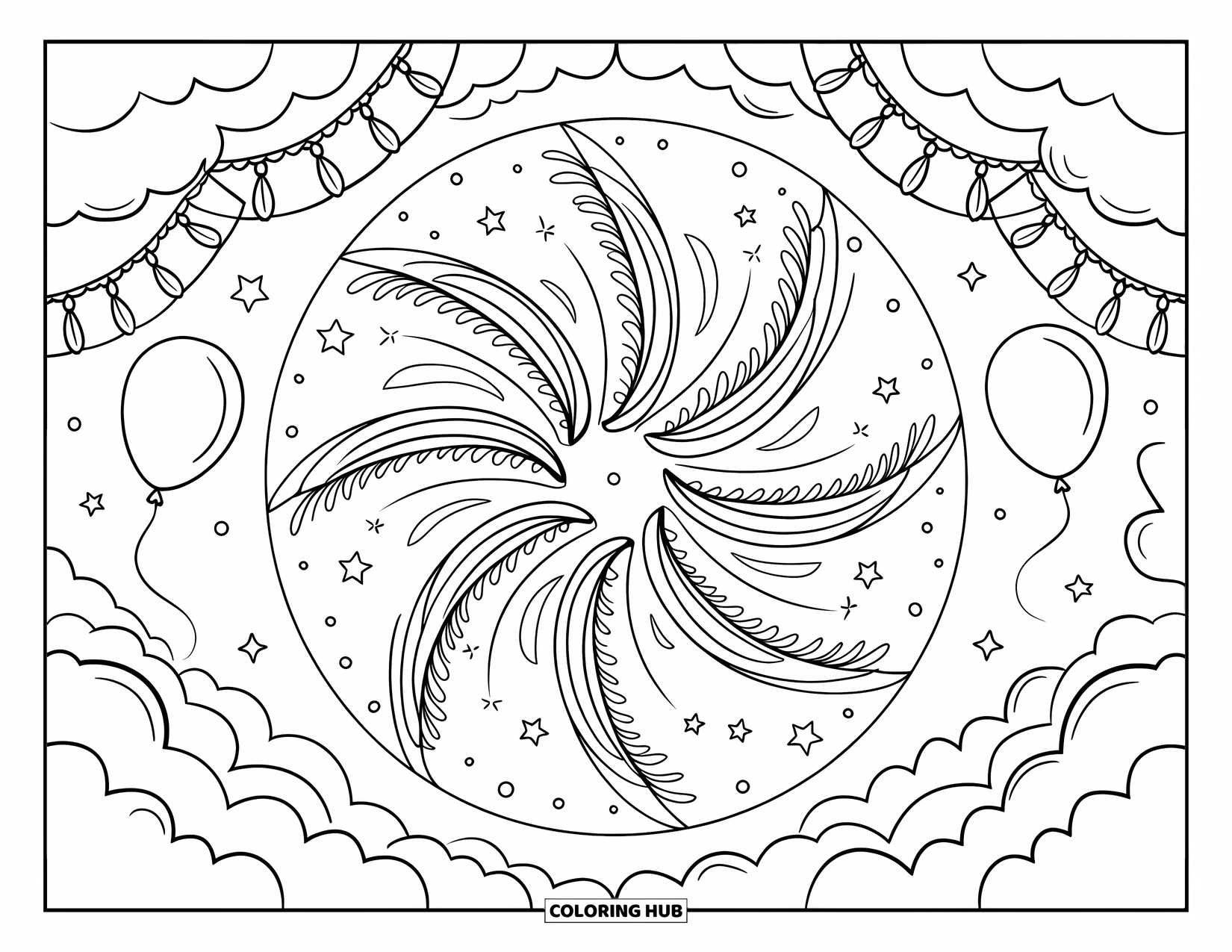 Fireworks Coloring Page for Adults: Mandala-style fireworks and stars spin outward, framed by clouds, balloons, and garlands