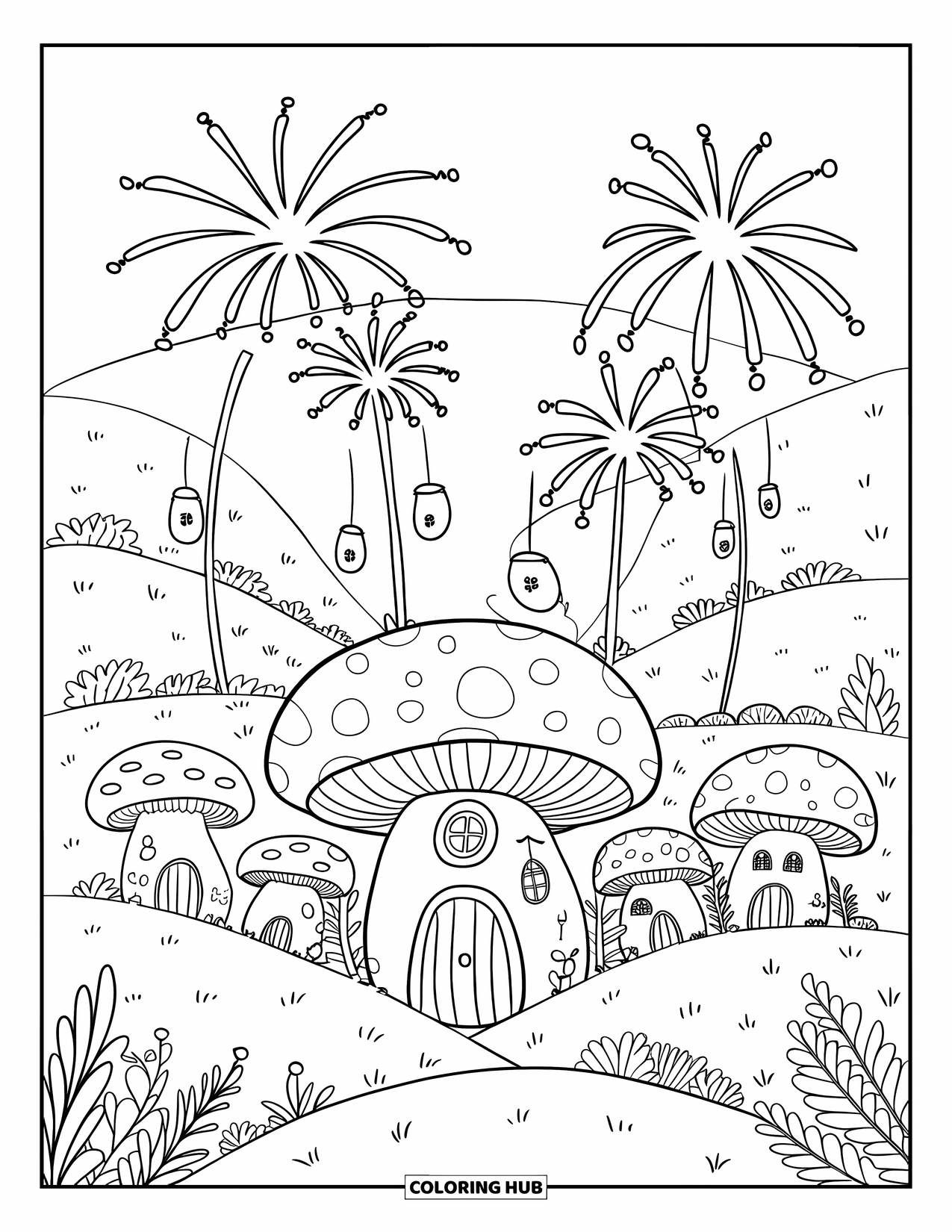 Fireworks Coloring Page for Adults: Mushroom homes with floating lanterns nestle in hills beneath oversized floral fireworks