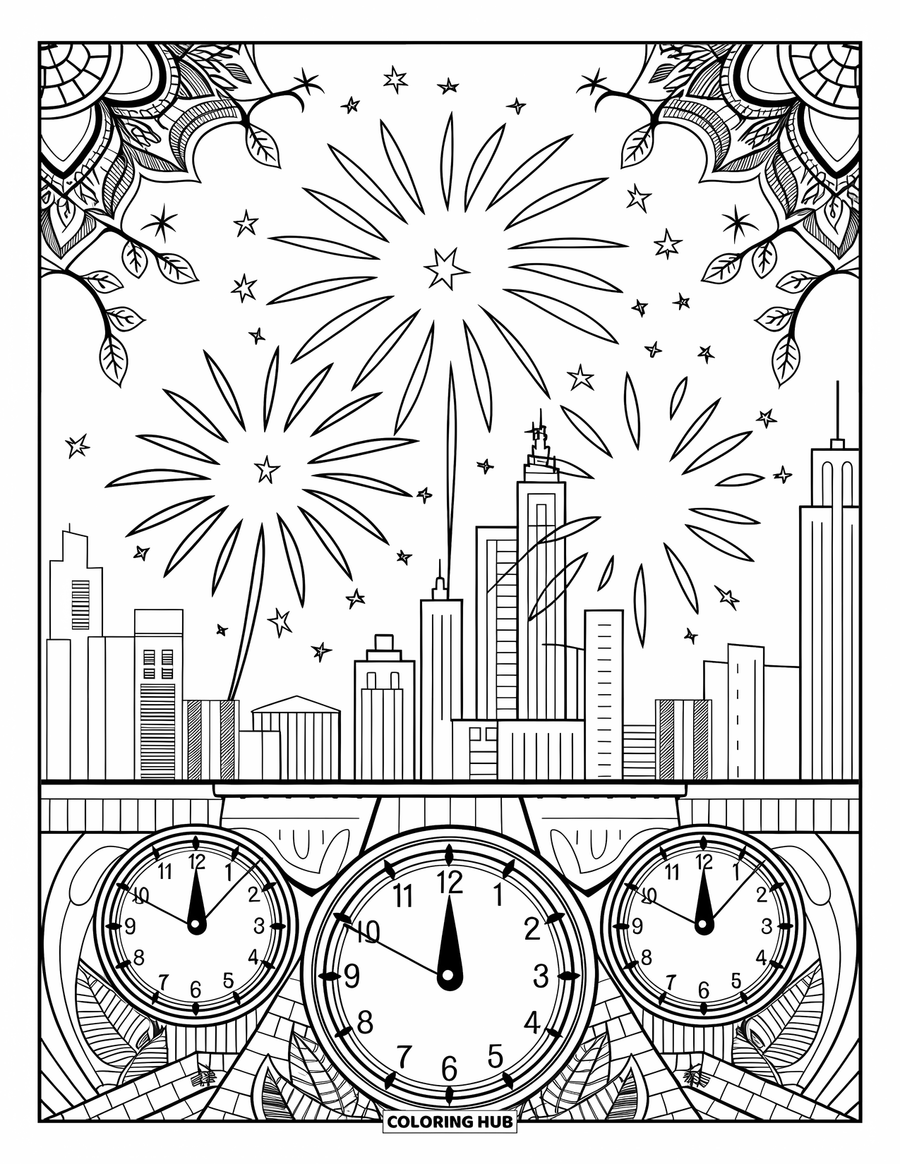Fireworks Coloring Page for Adults: New Year's clocks and fireworks light up the sky above a city and leafy vines