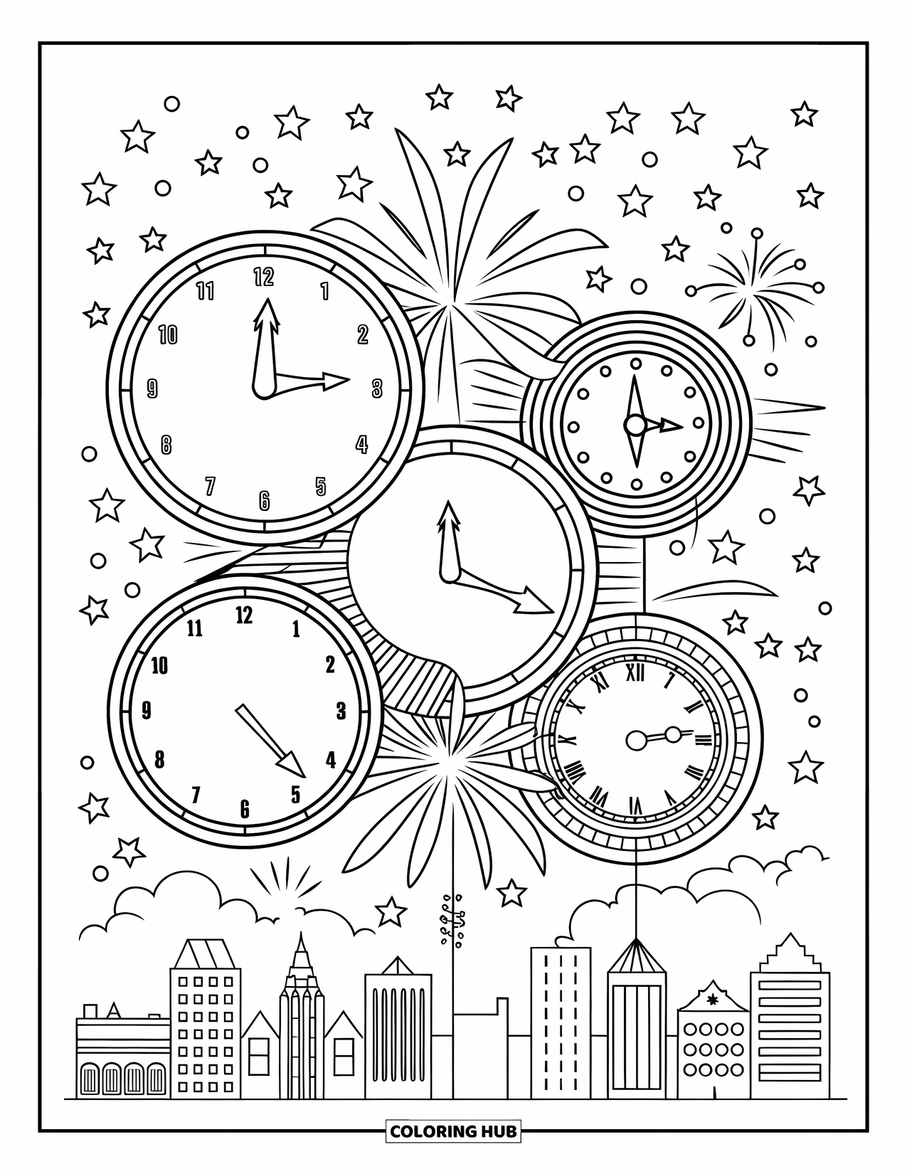 Fireworks Coloring Page for Adults: New Year's clocks, stars, and fireworks above a city skyline create a festive design