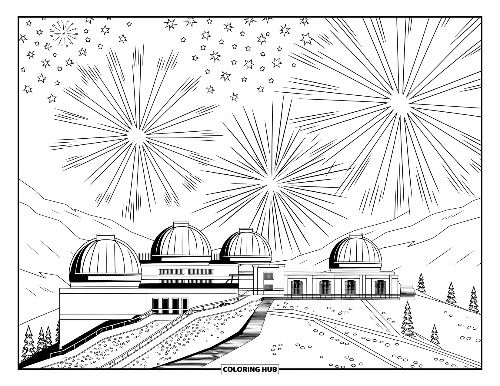 Fireworks Coloring Page for Adults: Observatory buildings and telescopes glow beneath patterned fireworks and winding paths