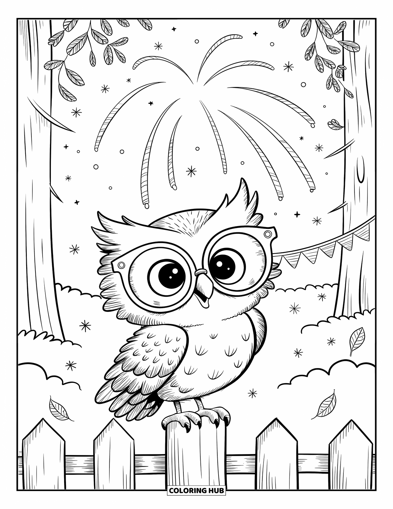 Fireworks Coloring Page for Adults: Owl on a fence post enjoys spiral fireworks under twinkling stars and waving leaves