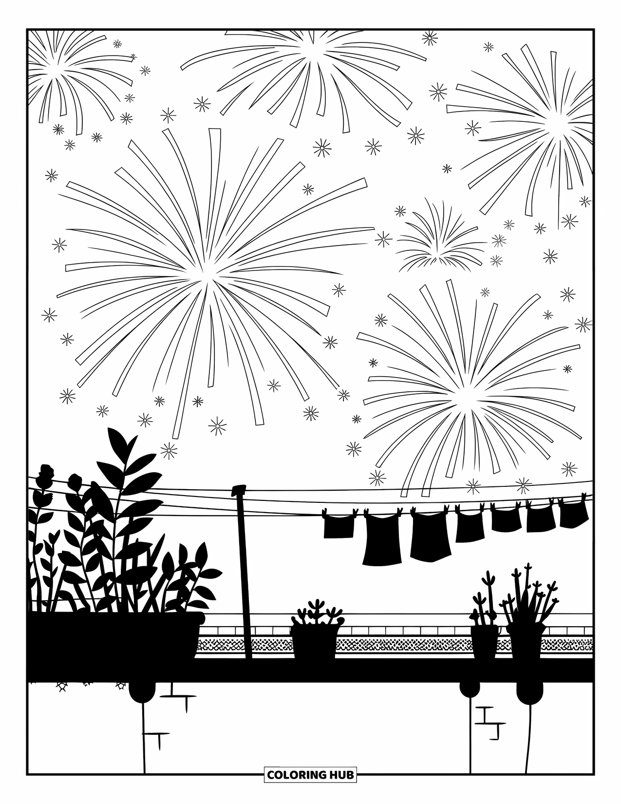 Fireworks Coloring Page for Adults: Rooftop scene with laundry lines and plants beneath a sky filled with patterned fireworks