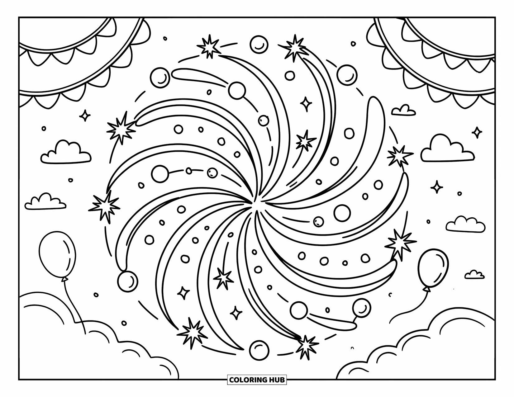 Fireworks Coloring Page for Adults: Swirling fireworks, confetti, and stars form a cute mandala with clouds, balloons, and garlands