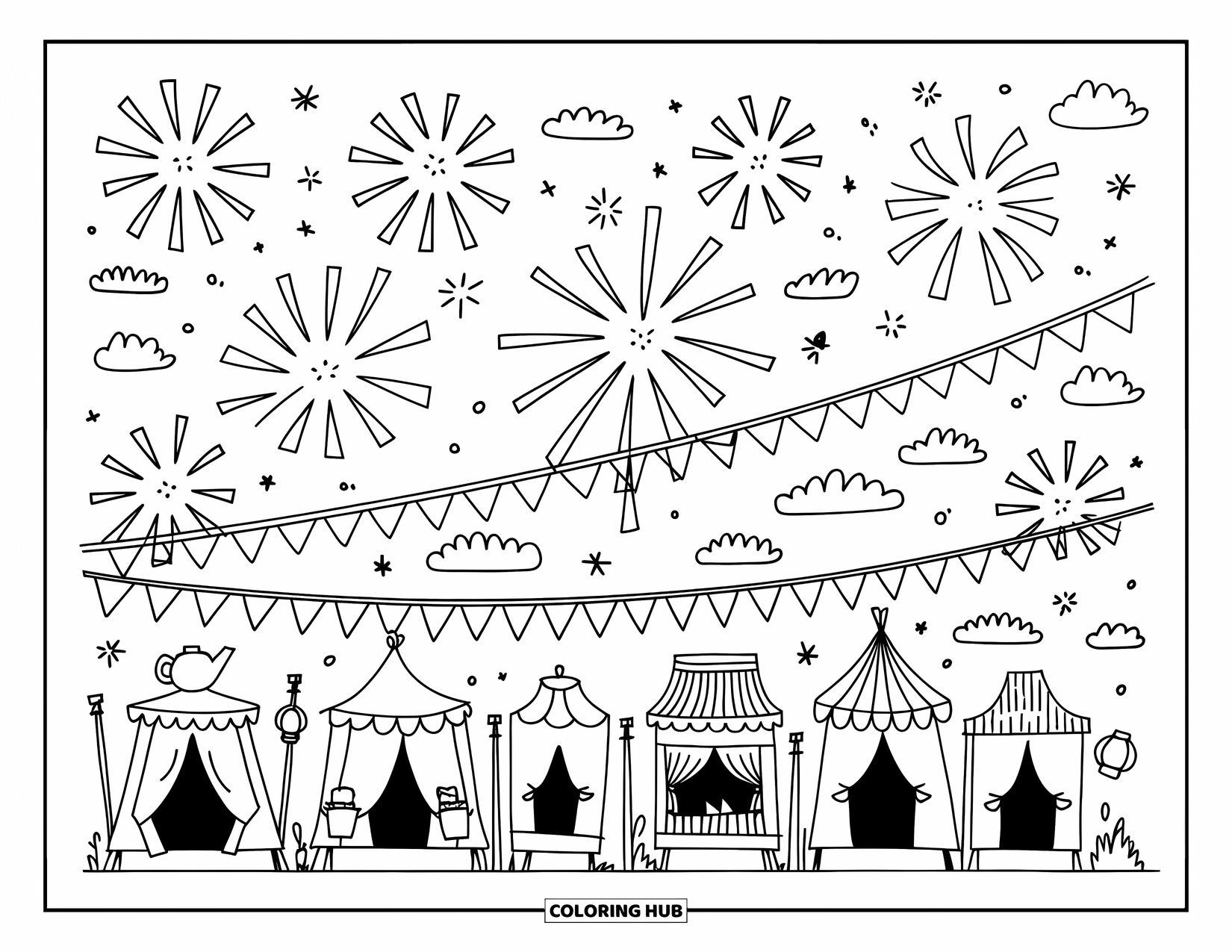 Fireworks Coloring Page for Adults: Whimsical fireworks glow above teapot-shaped tents and floating cloud puffs