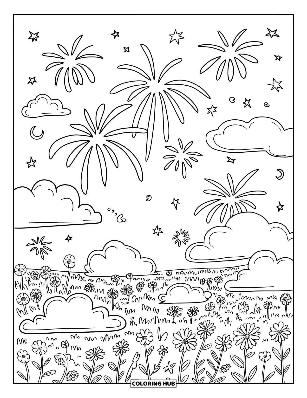 Fireworks Coloring Page for Adults: Wildflowers bloom beneath fireworks, stars, and moons in a peaceful, cloud-filled field