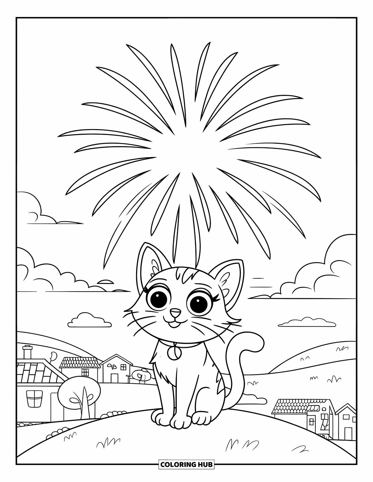 Fireworks Coloring Page for Kids: A cat with wide eyes watches fireworks above a small town with houses and trees