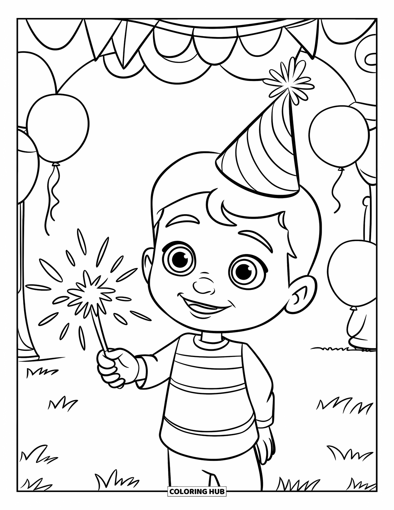 Fireworks Coloring Page for Kids: A cheerful kid in a party hat holds a sparkler near balloons and an archway