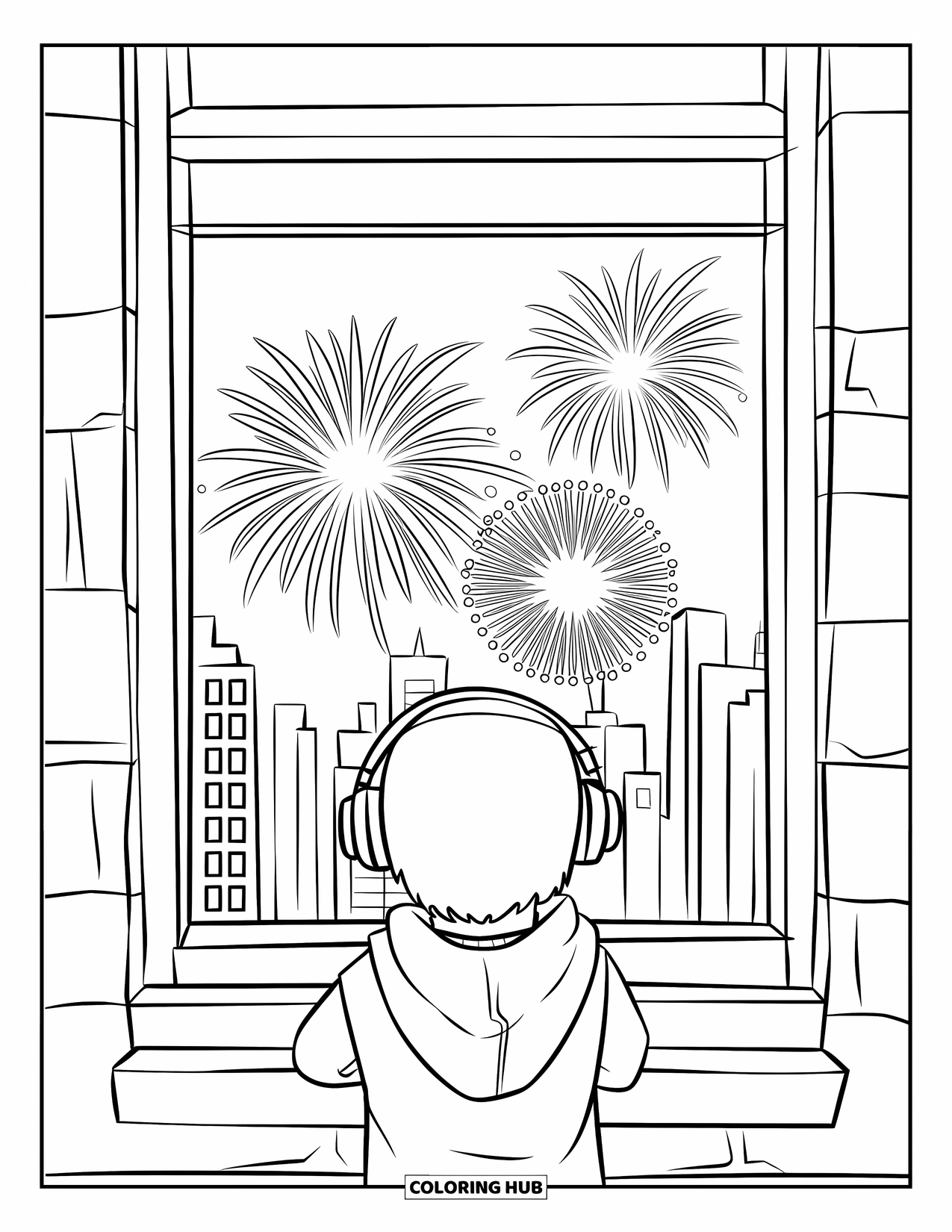 Fireworks Coloring Page for Kids: A child in a hoodie gazes out the window as fireworks explode above city buildings