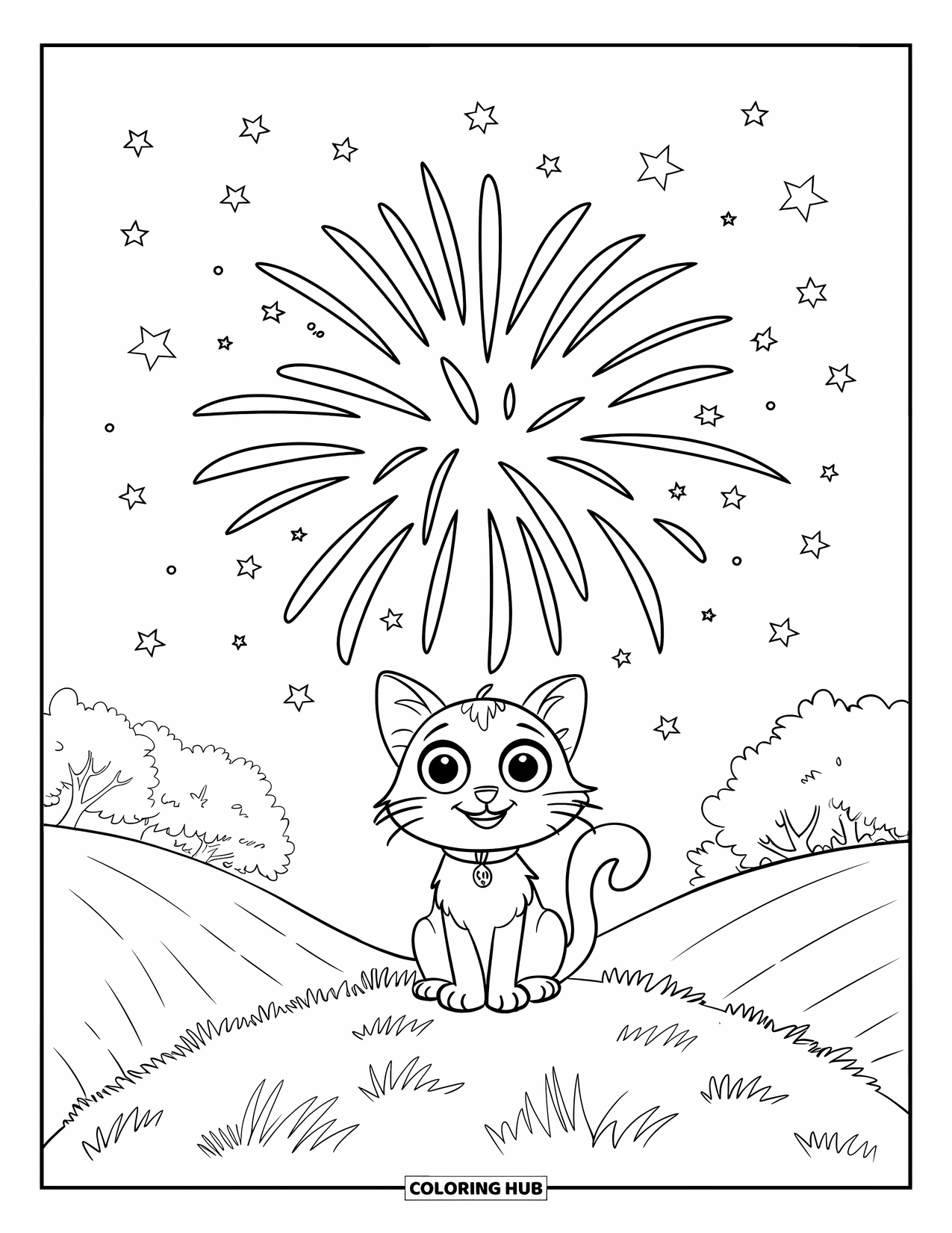 Fireworks Coloring Page for Kids: A cute cat with big eyes watches a firework from a grassy hill under starry skies