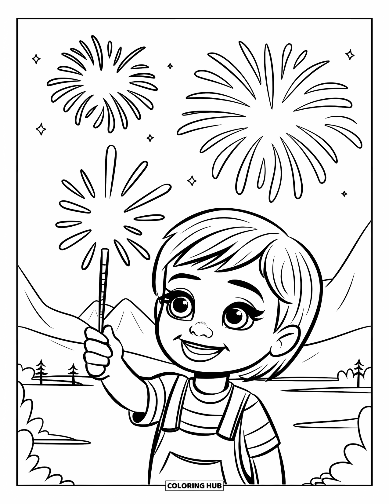 Fireworks Coloring Page for Kids: A happy child with a sparkler watches fireworks above mountains and a quiet lake