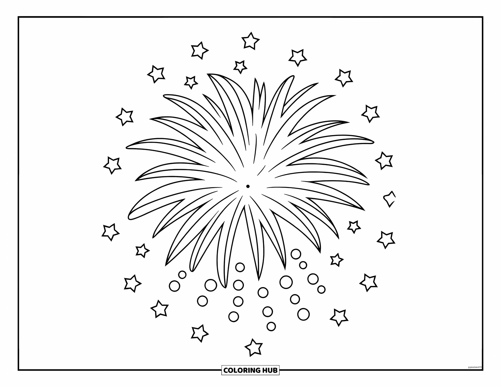 Fireworks Coloring Page for Kids: A large firework bursts with trailing sparks and scattered stars