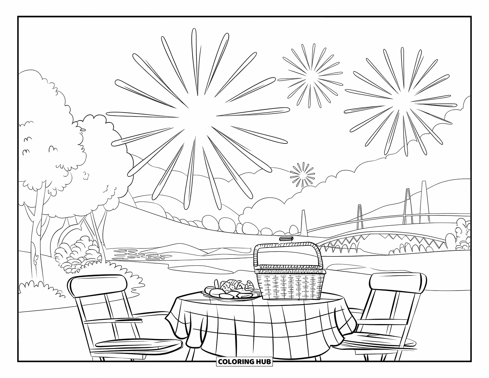 Fireworks Coloring Page for Kids: A scenic picnic setup with snacks, a bridge, and fireworks filling the sky above
