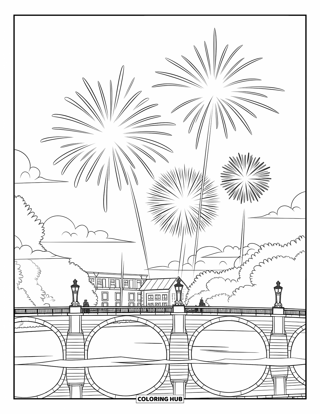 Fireworks Coloring Page for Kids: A stone bridge glows with fireworks as reflections shimmer in the water below