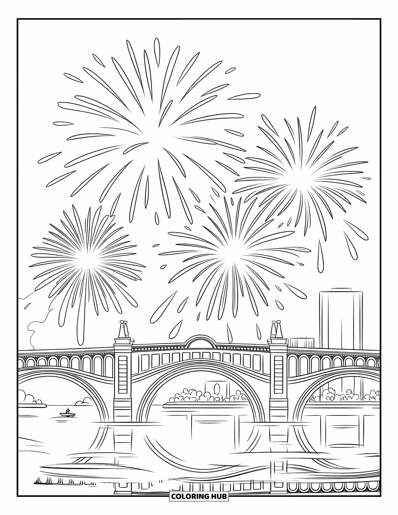 Fireworks Coloring Page for Kids: An arched bridge with boats below reflects bursts of fireworks across a city skyline