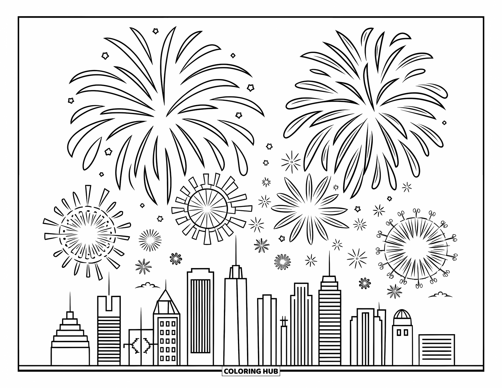 Fireworks Coloring Page for Kids: City skyline with unique buildings sparkles beneath layered fireworks of all shapes and sizes