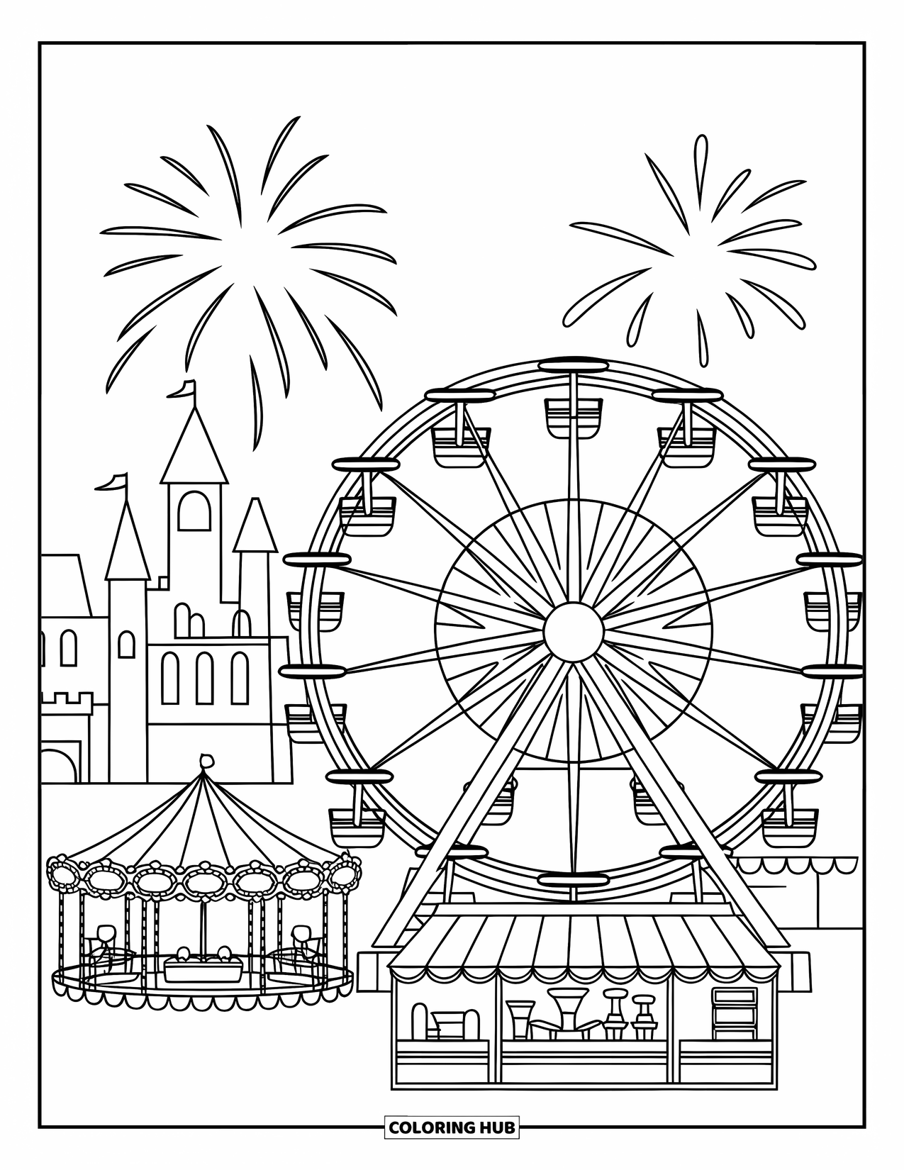 Fireworks Coloring Page for Kids: Ferris wheel and carousel glow at a fairground as fireworks light up the castle sky
