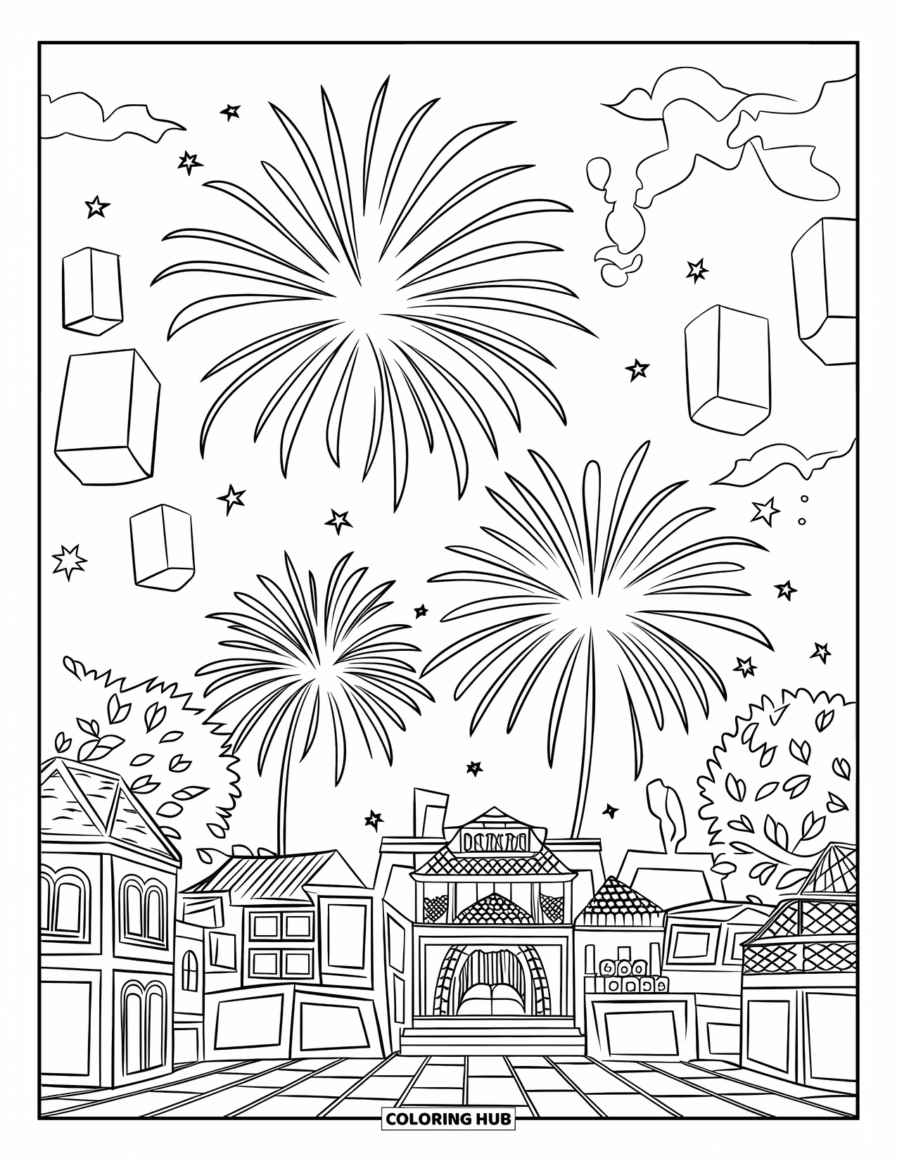 Fireworks Coloring Page for Kids: Fireworks and lanterns float above a city with unique buildings and leafy trees