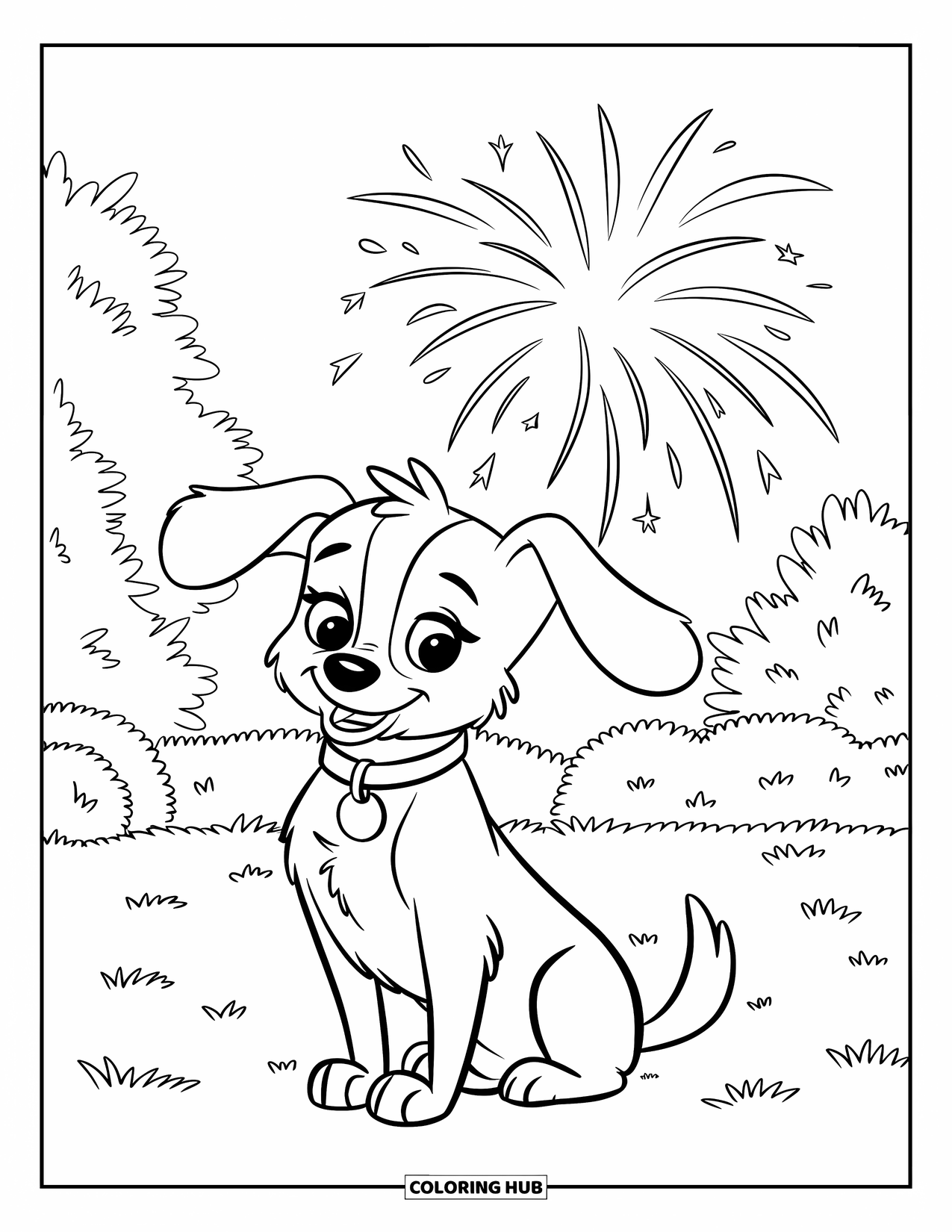 Fireworks Coloring Page for Kids: Floppy-eared dog sits calmly in the yard while sparks light up the sky